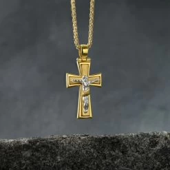Gold Plated On Sterling Silver Byzantine Crucifix Cross Necklace