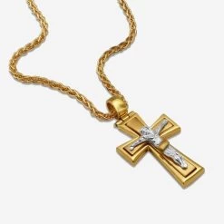 Gold Plated On Sterling Silver Byzantine Crucifix Cross Necklace -Fashion Accessories Store gold plated silver cross necklace chain opt flat 2000q6 nk pe crs41 gs tchygsp25