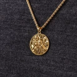 Gold Plated Sterling Silver24mm Round St Christopher Necklace With Spiga Chain -Fashion Accessories Store gold plated silver st christopher necklace spiga chain super ygstcrp24 ygsp25 2000q6