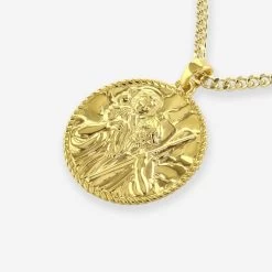 Gold Plated Sterling Silver24mm Round St Christopher Necklace With Curb Chain -Fashion Accessories Store gold plated st christopher necklace curb packshot angle crop ystcrp24 ycu24 2000q6