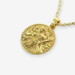 Gold Plated Sterling Silver20mm Round St Christopher Necklace With Rope Chain -Fashion Accessories Store gold plated st christopher necklace rope packshot angle crop ystcrp20 yro18 2000q6