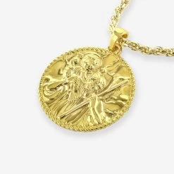 Gold Plated Sterling Silver24mm Round St Christopher Necklace With Rope Chain -Fashion Accessories Store gold plated st christopher necklace rope packshot angle crop ystcrp24 yro23 2000q6