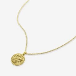 Gold Plated Sterling Silver20mm Round St Christopher Necklace With Spiga Chain -Fashion Accessories Store gold plated st christopher necklace spiga packshot angle ygstcrp20 ygsp19 2000q6