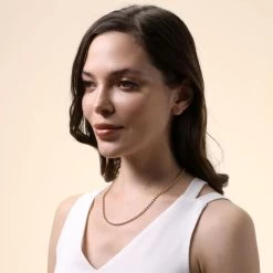 Yellow Gold Plated Sterling Silver 3mm Ball Bead Chain Necklace -Fashion Accessories Store gold plated sterling silver ball bead chain female model far view tchygbd3 2000q6