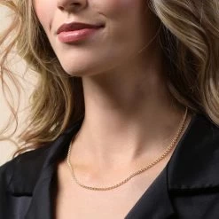 9ct Yellow Gold Plated Sterling Silver 2.6mm Belcher Chain 15 9ct Yellow Gold Plated Sterling Silver 2.6mm Belcher Chain -Fashion Accessories Store gold plated sterling silver belcher chain female model close view tchygbl26 2000q6