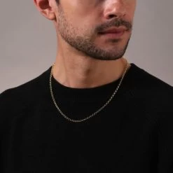 9ct Yellow Gold Plated 3.4mm Belcher Rolo Chain Necklace -Fashion Accessories Store gold plated sterling silver belcher chain male model close view tchygbl34 2000q6 1