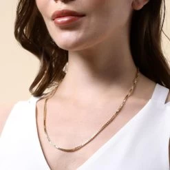 9ct Gold Plated Sterling Silver 2.3mm Box Chain Necklace -Fashion Accessories Store gold plated sterling silver box chain female model close view tchygbx23 2000q6
