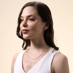 9ct Rose Gold Plated1mm Box Chain Necklace 10 9ct Rose Gold Plated1mm Box Chain Necklace -Fashion Accessories Store gold plated sterling silver box chain female model far view tchrgbx1 2000q6