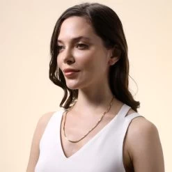 9ct Gold Plated Sterling Silver 2.3mm Box Chain Necklace -Fashion Accessories Store gold plated sterling silver box chain female model far view tchygbx23 2000q6