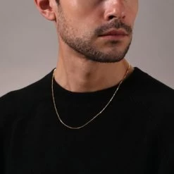 9ct Yellow Gold Plated 1.5mm Box Chain Necklace -Fashion Accessories Store gold plated sterling silver box chain male model close view tchygbx15 2000q6 1