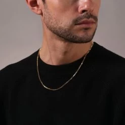 9ct Gold Plated Sterling Silver 2.3mm Box Chain Necklace -Fashion Accessories Store gold plated sterling silver box chain male model close view tchygbx23 2000q6 1