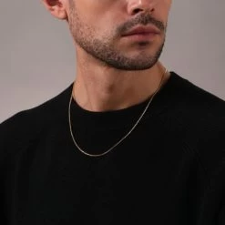 9ct Yellow Gold Plated 2mm Rounded Box Chain Necklace -Fashion Accessories Store gold plated sterling silver box chain male model close view tchygbxr2 2000q6 1