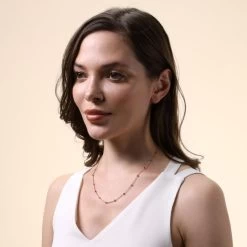 Rose Gold Plated Sterling Silver 1.2mm Cable Chain Bobble Necklace With Cube Beads -Fashion Accessories Store gold plated sterling silver cube bead chain fem model far view tchrgfzcbd 2000q6