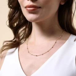 Yellow Gold Plated Sterling Silver 1.2mm Cable Chain Bobble Necklace With Cube Beads -Fashion Accessories Store gold plated sterling silver cube bead chain female model close view tchygfzcbd 2000q6