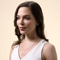 Yellow Gold Plated Sterling Silver 1.2mm Cable Chain Bobble Necklace With Cube Beads -Fashion Accessories Store gold plated sterling silver cube bead chain female model far view tchygfzcbd 2000q6