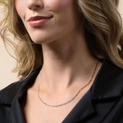 9ct Rose Gold Plated 2mm Diamond Cut Figaro Chain Necklace -Fashion Accessories Store gold plated sterling silver figaro chain female model close view tchrgdcfg21 2000q6