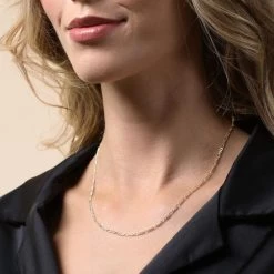 9ct Yellow Gold Plated 2mm Diamond Cut Figaro Chain Necklace -Fashion Accessories Store gold plated sterling silver figaro chain female model close view tchygdcfg21 2000q6
