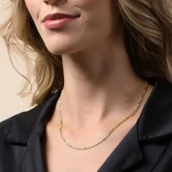 9ct Yellow Gold Plated 3mm Diamond Cut Figaro Chain Necklace 15 9ct Yellow Gold Plated 3mm Diamond Cut Figaro Chain Necklace -Fashion Accessories Store gold plated sterling silver figaro chain female model close view tchygfg3 2000q6