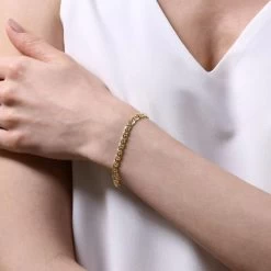 9ct Gold Plated Sterling Silver 4.6mm Diamond Cut Marina Bracelet 11 9ct Gold Plated Sterling Silver 4.6mm Diamond Cut Marina Bracelet -Fashion Accessories Store gold plated sterling silver mariner bracelet fem model close view tchygbrma46 2000q6