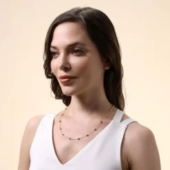 9ct Yellow Gold Plated Sterling Silver Oval Beaded Diamond Cut Trace Chain Necklace -Fashion Accessories Store gold plated sterling silver oval bead chain female model far view tchy fzobd 2000q6