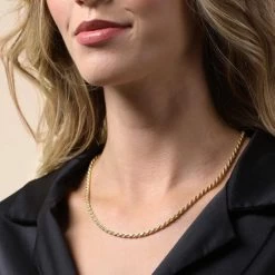 9ct Yellow Gold Plated Sterling Silver 3.3mm Diamond Cut Rope Chain -Fashion Accessories Store gold plated sterling silver rope chain female model close view tchygro33 2000q6