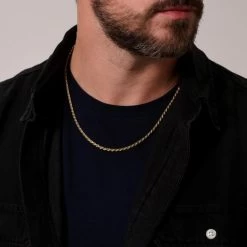 9ct Yellow Gold Plated Sterling Silver 3.3mm Diamond Cut Rope Chain -Fashion Accessories Store gold plated sterling silver rope chain male model close view tchygro33 2000q6