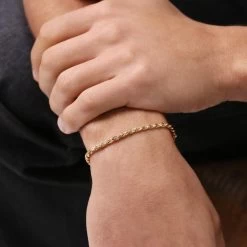 9ct Yellow Gold Plated Sterling Silver 3.3mm Diamond Cut Rope Bracelet -Fashion Accessories Store gold plated sterling silver rope chain male model far view tchygbrro33 2000q6 1