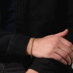 9ct Gold Plated Sterling Silver 3.7mm Rounded Box Bracelet -Fashion Accessories Store gold plated sterling silver round box bracelet male model close view tchygbxr37 2000q6