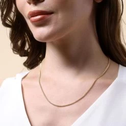 9ct Yellow Gold Plated 1.9mm Spiga Wheat Chain Necklace -Fashion Accessories Store gold plated sterling silver spiga chain female model close view tchygsp19 2000q6