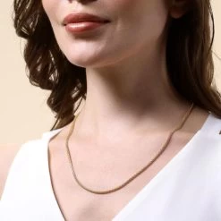 9ct Yellow Gold Plated Sterling Silver 2.5mm Spiga Wheat Chain -Fashion Accessories Store gold plated sterling silver spiga chain female model close view tchygsp25 2000q6