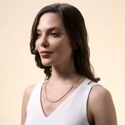 9ct Yellow Gold Plated Sterling Silver 2.5mm Spiga Wheat Chain -Fashion Accessories Store gold plated sterling silver spiga chain female model far view tchygsp25 2000q6