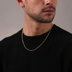 9ct Yellow Gold Plated Sterling Silver 2.5mm Spiga Wheat Chain -Fashion Accessories Store gold plated sterling silver spiga chain male model close view tchygsp25 2000q6 1