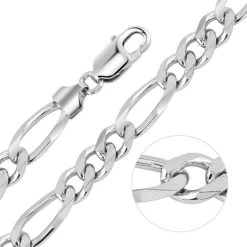 Sterling Silver 7.6mm Diamond Cut Figaro Chain Necklace Heavy