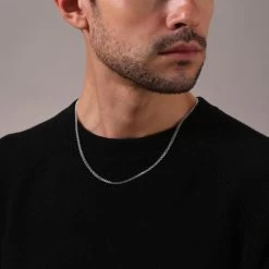 Sterling Silver 3mm Bismark Chain Necklace 11 Sterling Silver 3mm Bismark Chain Necklace -Fashion Accessories Store sterling silver bismark chain male model close view tchbi3 2000q6