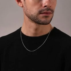 Sterling Silver 1.5mm Box Chain Necklace 11 Sterling Silver 1.5mm Box Chain Necklace -Fashion Accessories Store sterling silver box chain male model close view tchbx15 2000q6