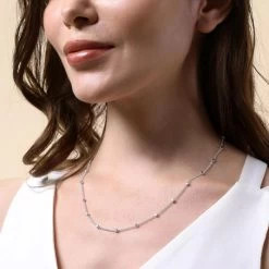 Sterling Silver 1.2mm Cable Chain Bobble Necklace With Cube Beads -Fashion Accessories Store sterling silver cube bead chain female model close view tchfzcbd 2000q6