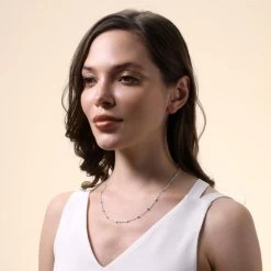 Sterling Silver 1.2mm Cable Chain Bobble Necklace With Cube Beads -Fashion Accessories Store sterling silver cube bead chain female model far view tchfzcbd 2000q6