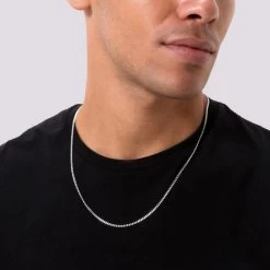 Sterling Silver 2.4mm Diamond Cut Curb Chain Necklace -Fashion Accessories Store sterling silver curb chain male model close view tchcu24 2000q6