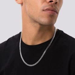 Sterling Silver 5.4mm Diamond Cut Curb Chain Necklace -Fashion Accessories Store sterling silver curb chain male model close view tchcu54 2000q6