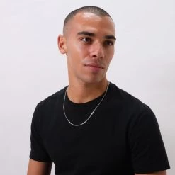 Sterling Silver 2.4mm Diamond Cut Curb Chain Necklace -Fashion Accessories Store sterling silver curb chain male model far view tchcu24 2000q6