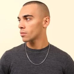 Sterling Silver 4mm Double Box Chain Necklace Diamond Cut -Fashion Accessories Store sterling silver double box chain male model far view tchbxd8s 0423 374q6