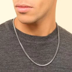 Sterling Silver 4mm Double Box Chain Necklace Diamond Cut -Fashion Accessories Store sterling silver double box chain male model near view tchbxd8s 0423 2000q6