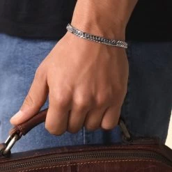 Sterling Silver 6.7mm Double Curb Bracelet Diamond Cut -Fashion Accessories Store sterling silver double curb bracelet male model far view tchbr hb67 0423 2000q6