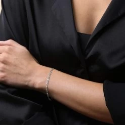 Sterling Silver 3mm Diamond Cut Figaro Link Bracelet -Fashion Accessories Store sterling silver figaro bracelet female model close view tchbrfg3 2000q6