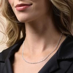 Sterling Silver 2.1mm Diamond Cut Figaro Chain Necklace -Fashion Accessories Store sterling silver figaro chain female model close view tchdcfg21 2000q6 1