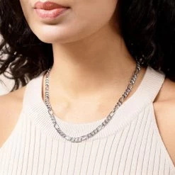 Sterling Silver 5.7mm Diamond Cut Figaro Chain Necklace -Fashion Accessories Store sterling silver figaro chain female model near vw tchfg57 2000q6