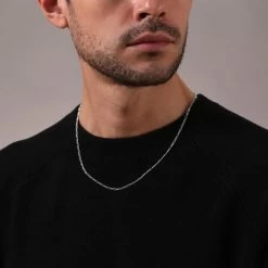 Sterling Silver 2.1mm Diamond Cut Figaro Chain Necklace -Fashion Accessories Store sterling silver figaro chain male model close view tchdcfg21 2000q6 1