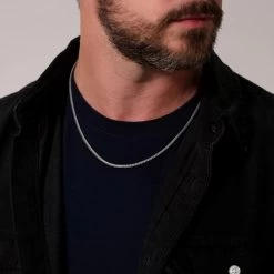 Sterling Silver 2.5mm Rounded Foxtail Chain Necklace -Fashion Accessories Store sterling silver foxtail round chain male model close view tchfor25 2000q6