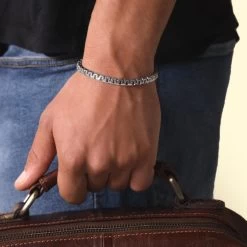 Sterling Silver 5.4mm Greek Box Pave Bracelet 9 Sterling Silver 5.4mm Greek Box Pave Bracelet -Fashion Accessories Store sterling silver greek box pave bracelet male model far view tchbr grbxp54 0423 2000q6