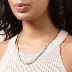 Sterling Silver 3.5mm Greek Box Pave Chain Necklace -Fashion Accessories Store sterling silver greek box pave chain female model near vw tchgrbxp35 2000q6